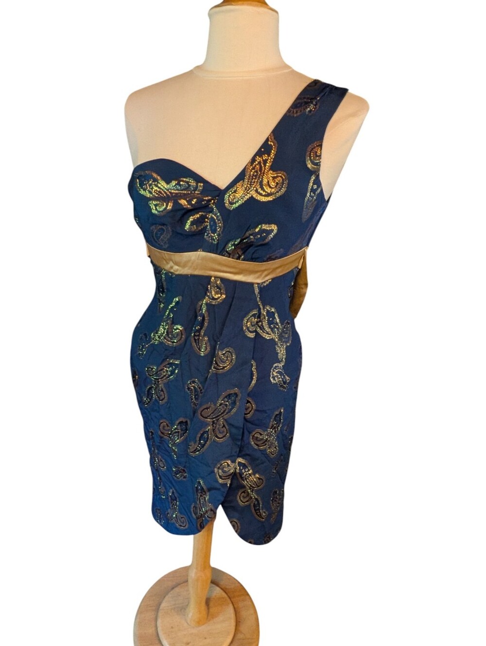 Viom Dark Blue Silk One Shoulder Dress With Metallic Gold Paisley Size Xs